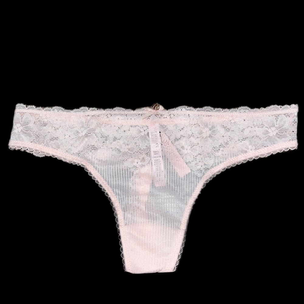 Victorias Secret Body Supersoft mesh & floral Lace waist Thong panty Pink Medium